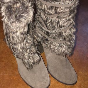 Gray heeled fur boots